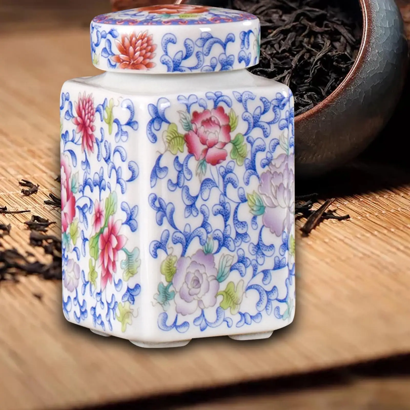 Chinese Retro Blue and White Ceramic Tea Can Household Enamel Sealed Storage Tea Box Square Jar with Lid for Office Kitchen