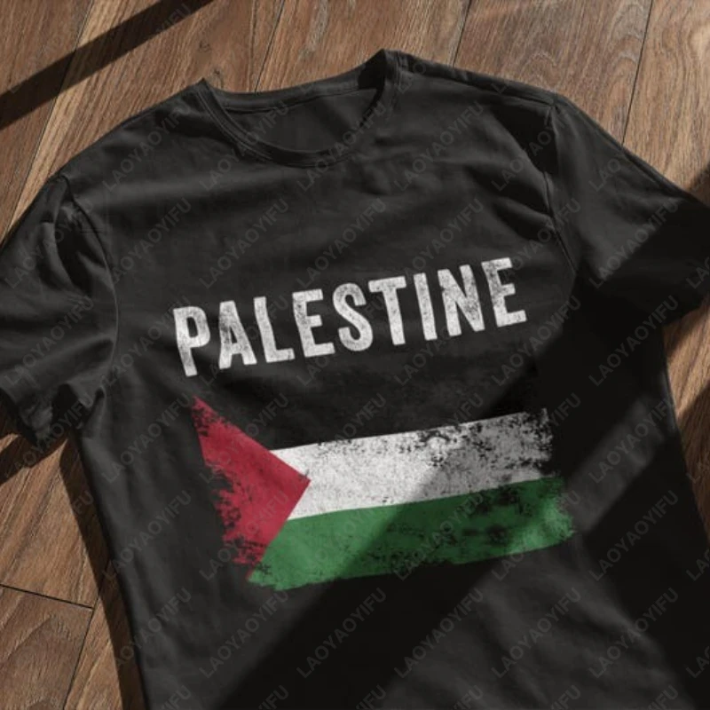Vintage Palästinensische Flagge T-Shirt Unisex Crewneck Baumwolle T-shirts Retro Trend Coole Straße T Shirts Männer Frau Casual Wear Camisetas
