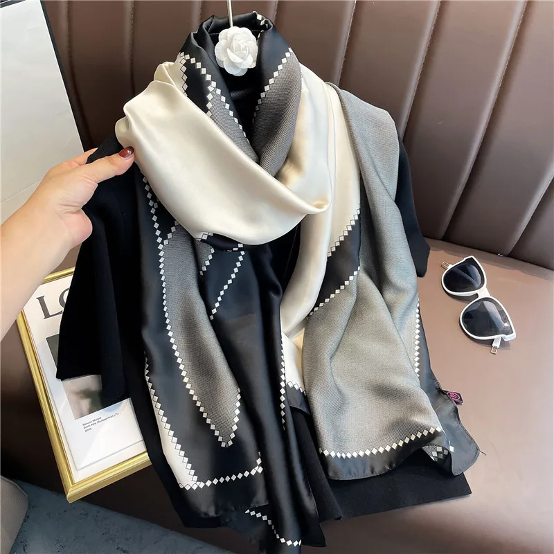 

1pcs Fashion Luxury Geometric Line Printing Women Silk Scarf Spring Summer Soft Beach Shawl Scarf Hijab Outdoor Lady Shawls