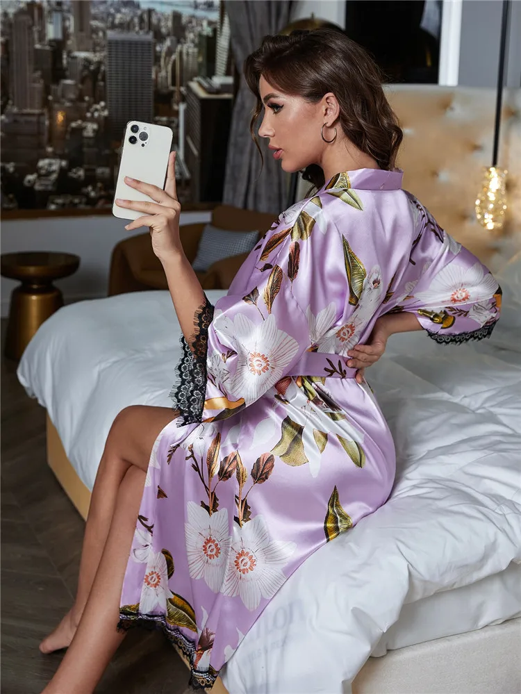 Floral Print Drop Shoulder Bathrobe Contrast Eyelash Lace Bridemaid Party Robe Satin Belted Sleep Nightgown