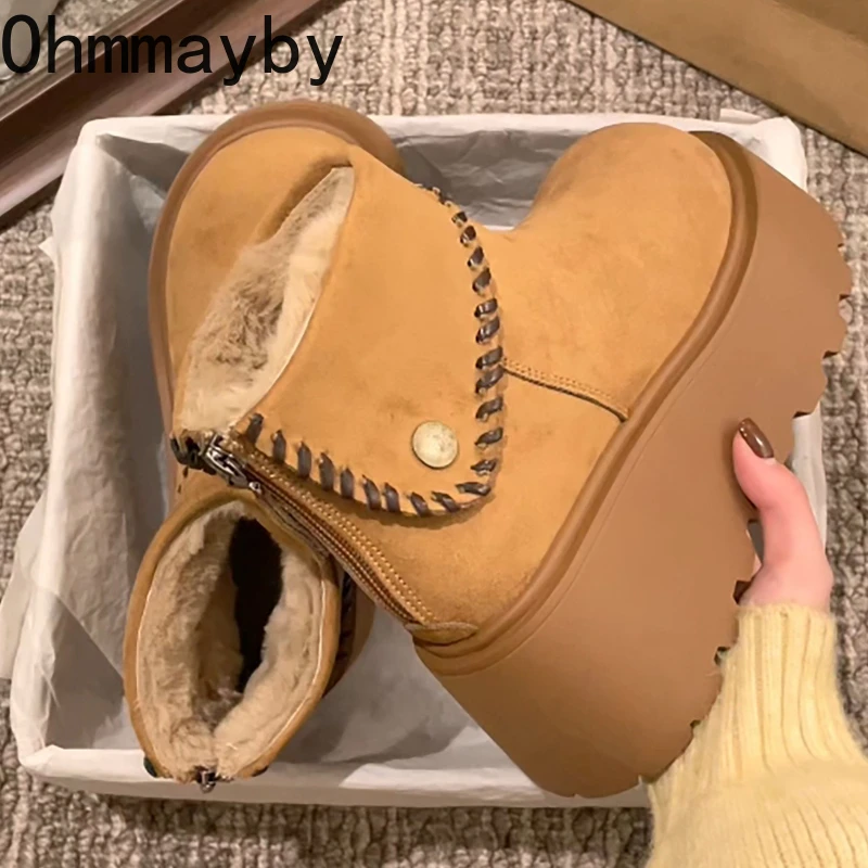 Botas de nieve con tacones de plataforma gruesos para mujer, zapatos con aumento de altura para vestido de fiesta, botines cortos de algodón cálidos de estilo callejero, invierno