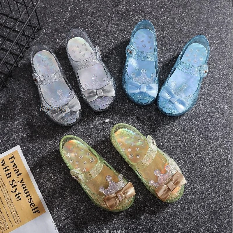 Little Girl\'s PVC Jelly Shoes Children Colour Crown Bow Summer Sandals Kids Frozen Elsa Princess Toddler Beach Sandals