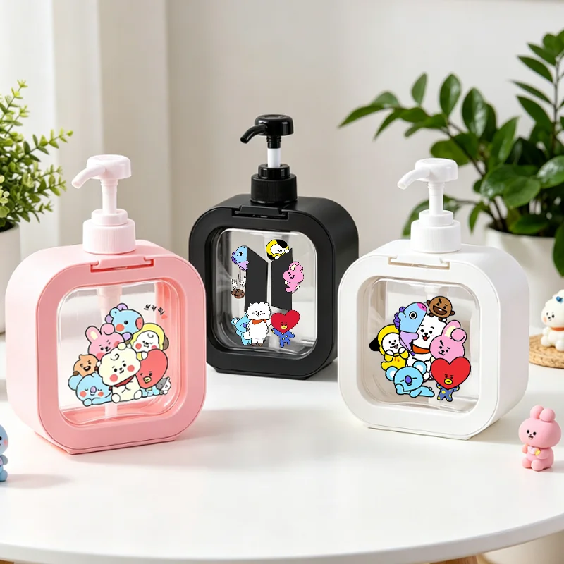 Bt21 dispensador de sabão líquido bomba mão cooky tata kawaii dos desenhos animados reutilizável shampoo garrafa plástico portátil mão dispensador de sabão presente