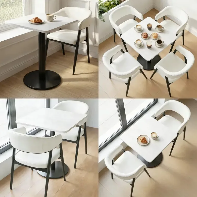 Minimalist White Tables and Upholstered Stools for Cake Shop Coffee Shop Furniture Custom