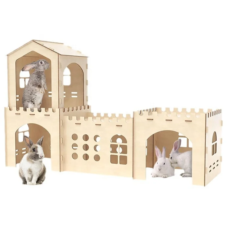 Luxury Villa Chateau Rabbit Hutch Big Capacity Wooden Spliced Cottage Handicraft Button for Dwarf Rabbit Lop Rabbit