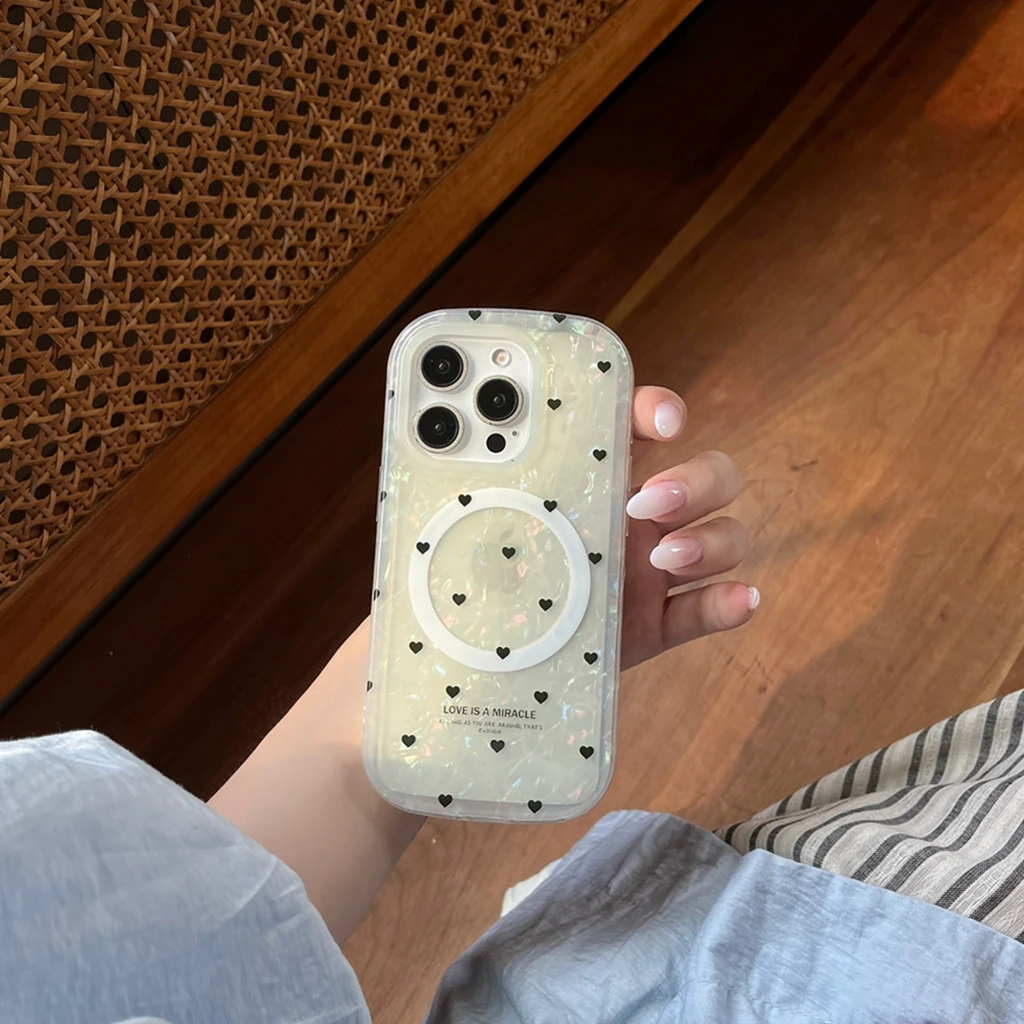 

Cute Full Screen Black Love Heart Shell Pattern Magnetic Wireless Charging Phone Cover Case for iPhone 16 15 14 13 Pro Max