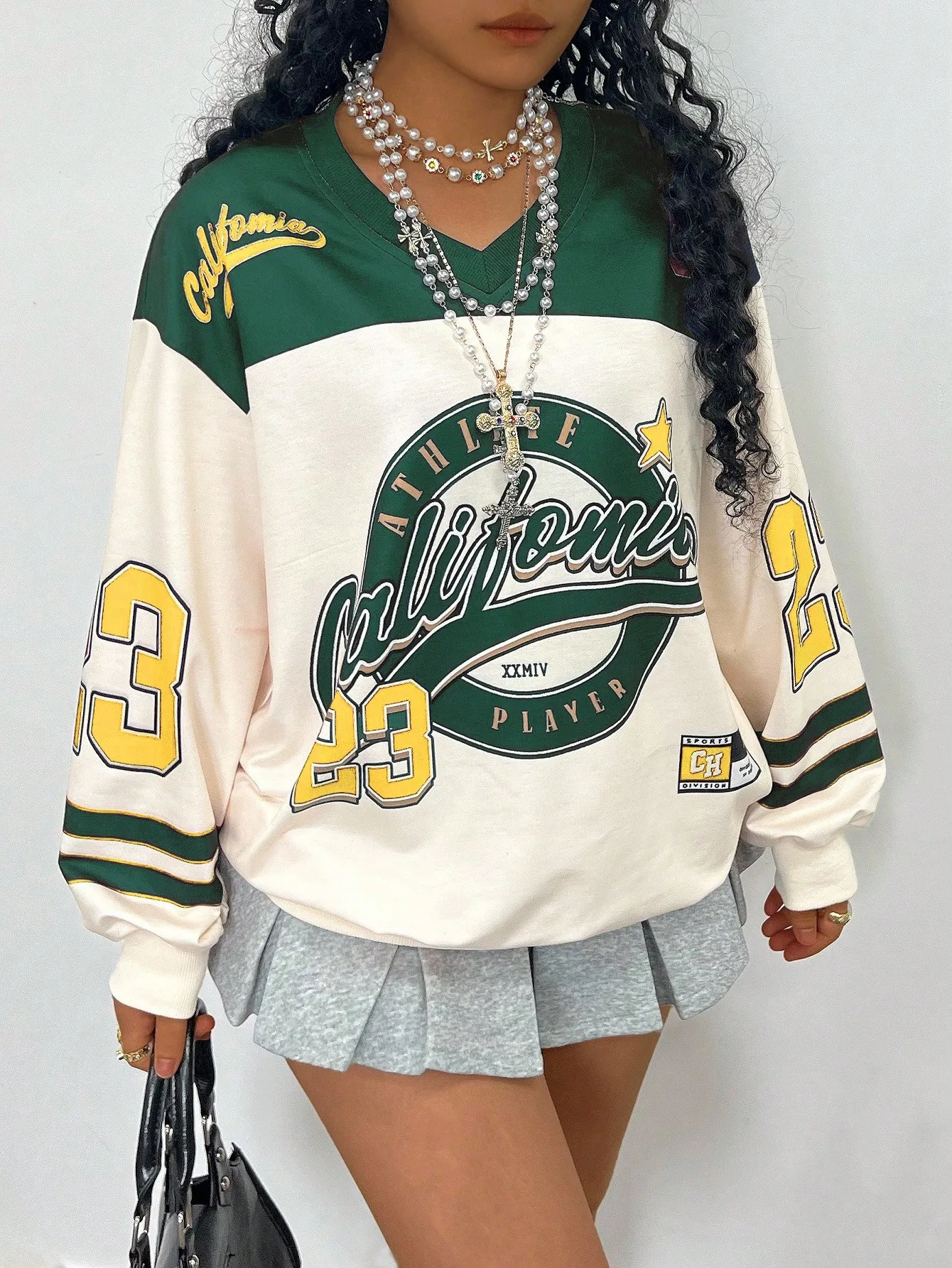Damska bluza California Athletic z nadrukiem, z obniżonymi ramionami, retro dekolt w serek, długi rękaw, casualowa bluzka na jesień i zimę.