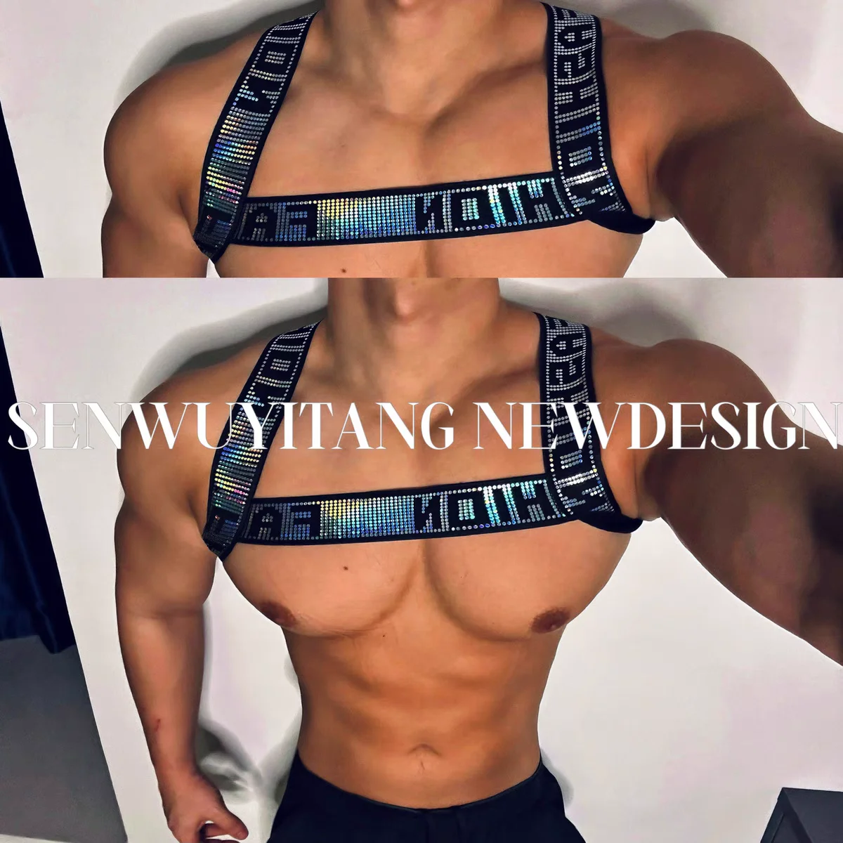 

Men's Laser Iridescent Mirror Chest Strap Sexy Men's Elastic Shoulder Strap Bar Nightclub DJ Singer Dance Team Stage Clothing