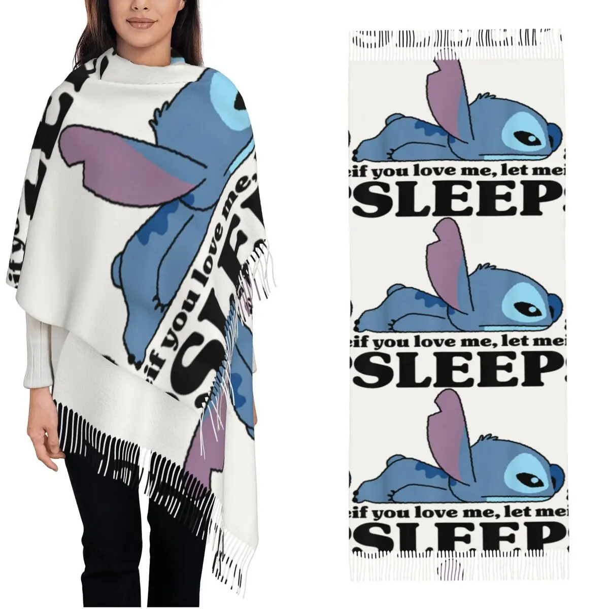 

Женский теплый шарф Lilo & Stitch Sleepy Stitch с бахромой, винтажная зимняя шаль-накидка, индивидуальный дизайн