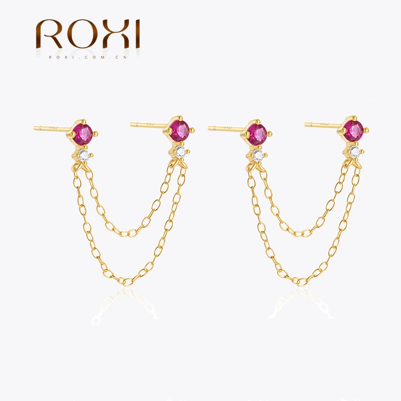 ROXI 1Pair 925 Sterling Silver Rose Red/Green Zircon Double Tassel Stud Earrings For Women Pierced Wedding Party Jewelry Gift