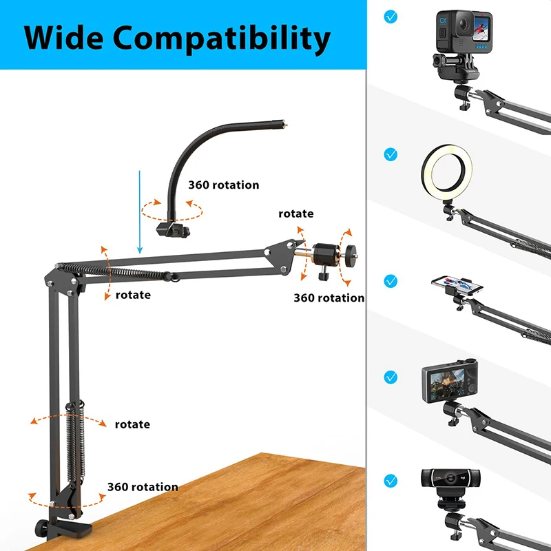 Overhead Tripod for Phone with Ring Light Desktop Cellphone Bracket for Video Shooting Table Mobile Mount for Filming Recording