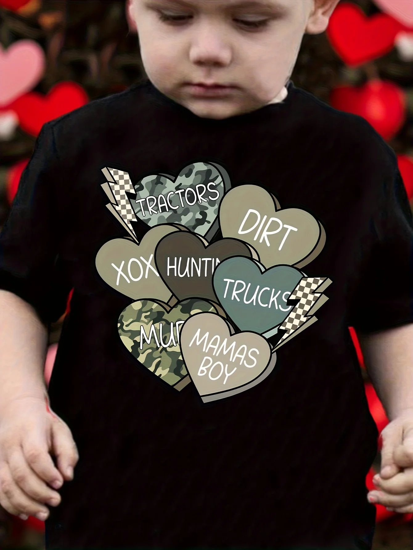 YBY Boys Valentine xoxo mama's boy trus Letter‑Heart‑Print Handsome Versatile Short‑Sleeve T‑Shirt
