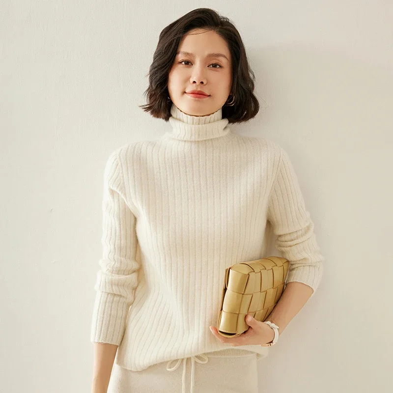 

Women's Cashmere Sweater, Cashmere, High Collar, Knitted, Slim Fit, Lines, Basic Style, 2024 Autumn and Winter New Style