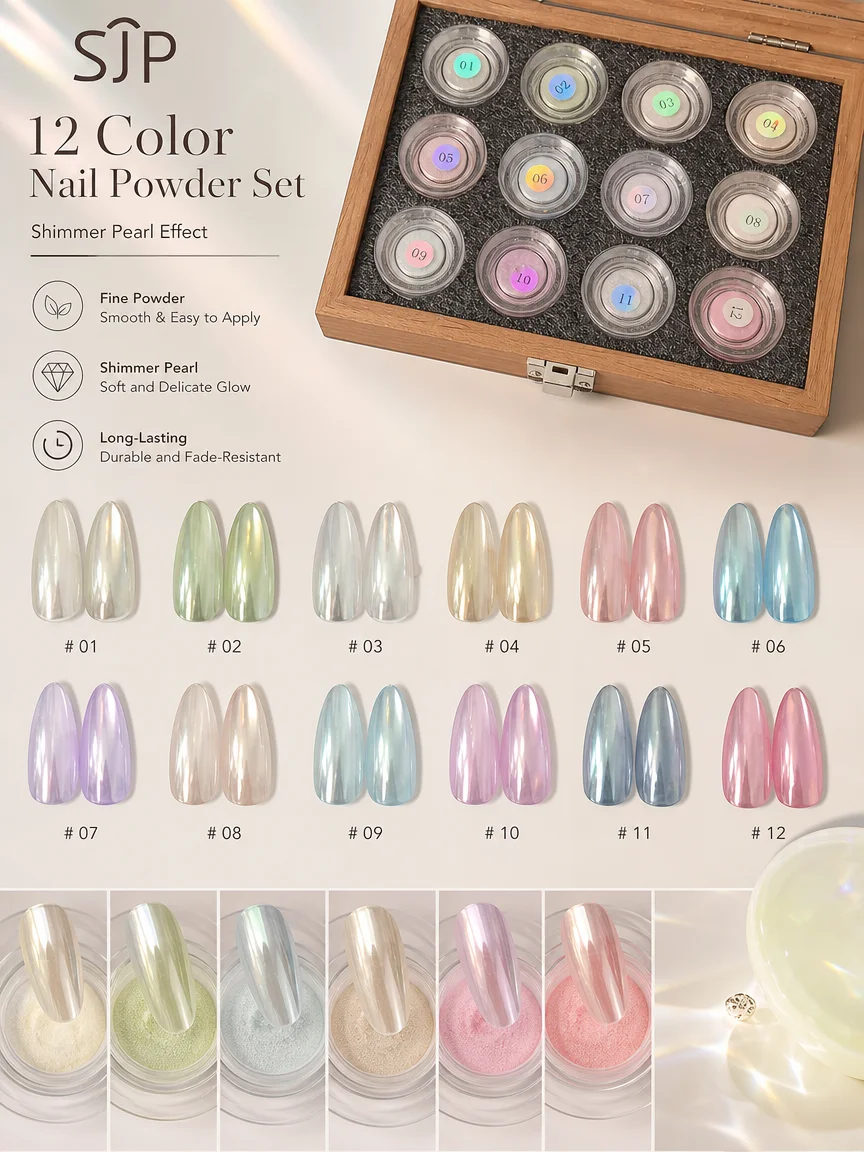 12-Color Fresh Color Magic Mirror Nail Powder Set with Color Cards and Storage Box. DIY Nail Art, Artistic Nail Charm, Suitable