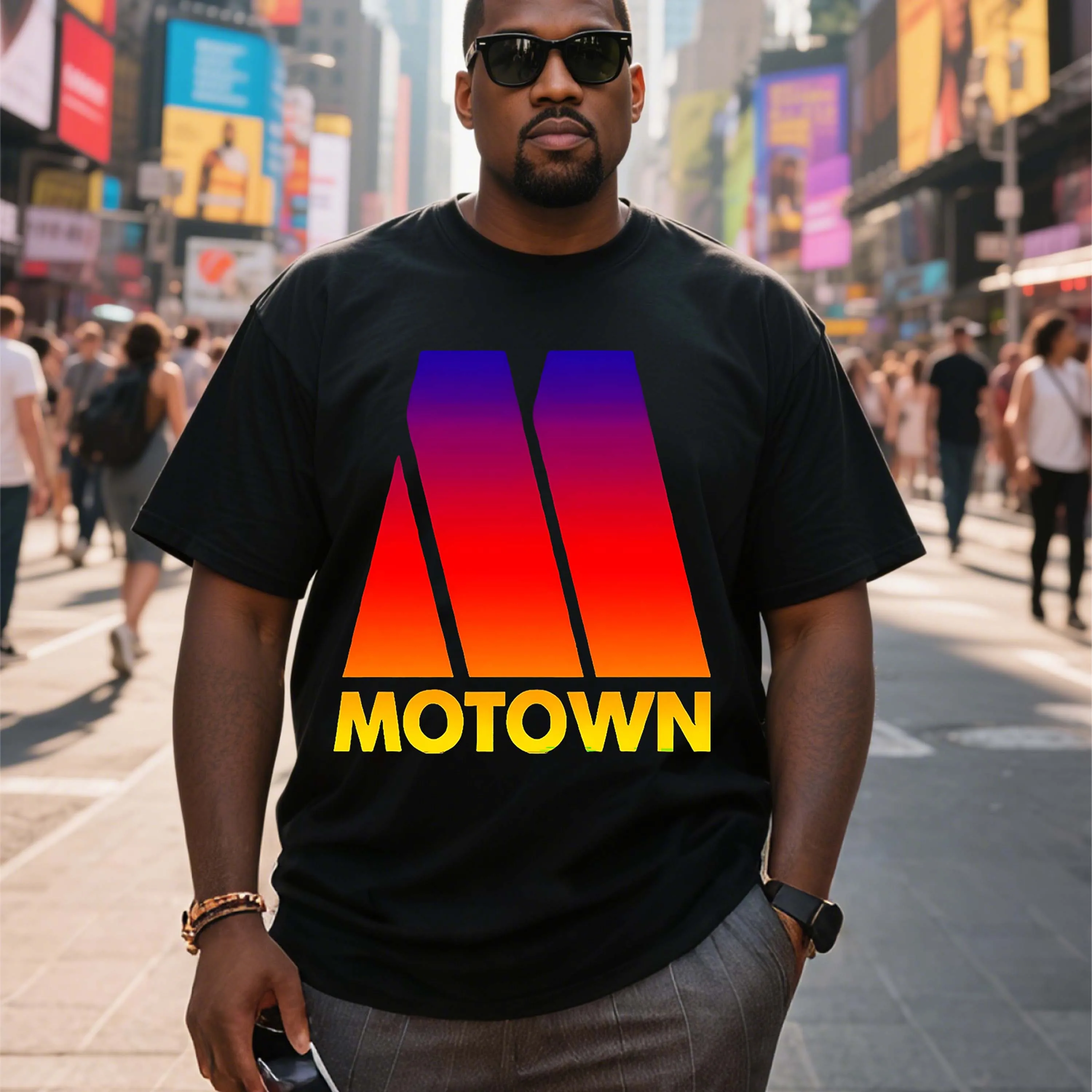 Kaus Lengan Pendek Hitam Huruf "Motown" Gradien Gaya Jalanan Ukuran Besar Cocok untuk Pakaian Santai Luar Ruangan di Musim Panas