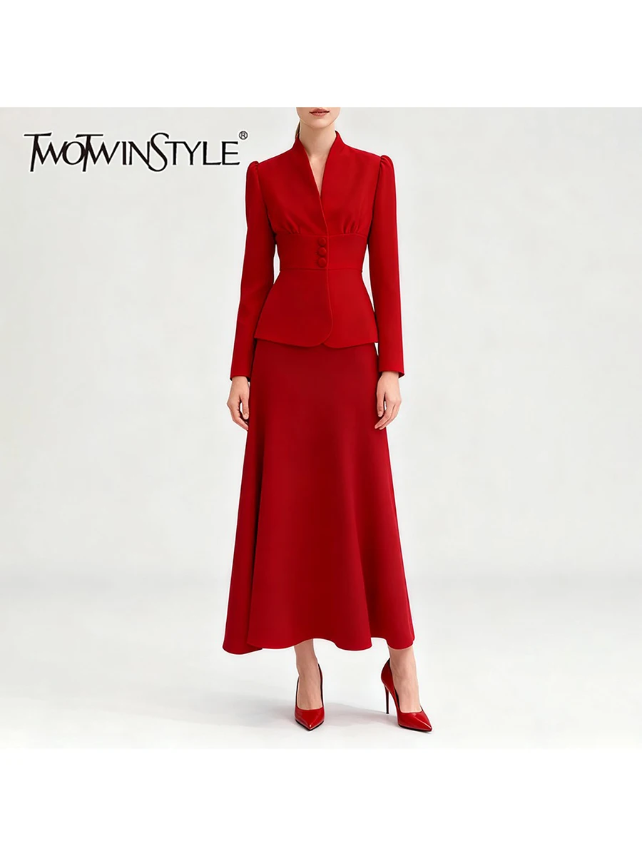 

TWOTWINSTYLE однотонные утягивающие комплекты из двух предметов для женщин, туника с v-образным вырезом и длинными рукавами, блейзер, юбка с высокой талией, элегантный комплект, женский новый