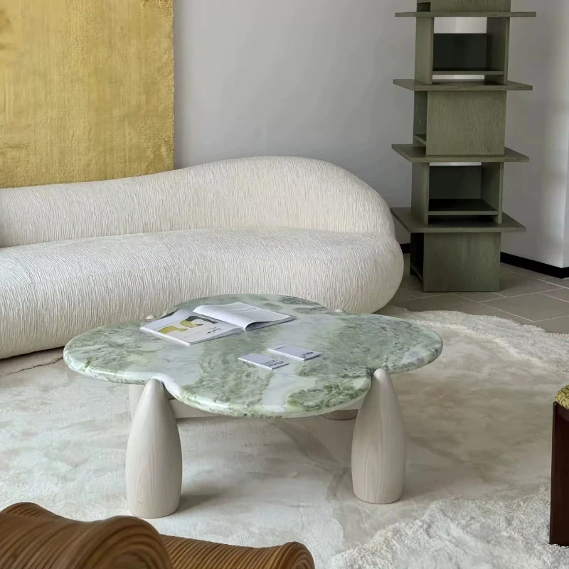 Modern simple solid wood marble coffee table designer 05 household luxury stone cream style four-leaf clover