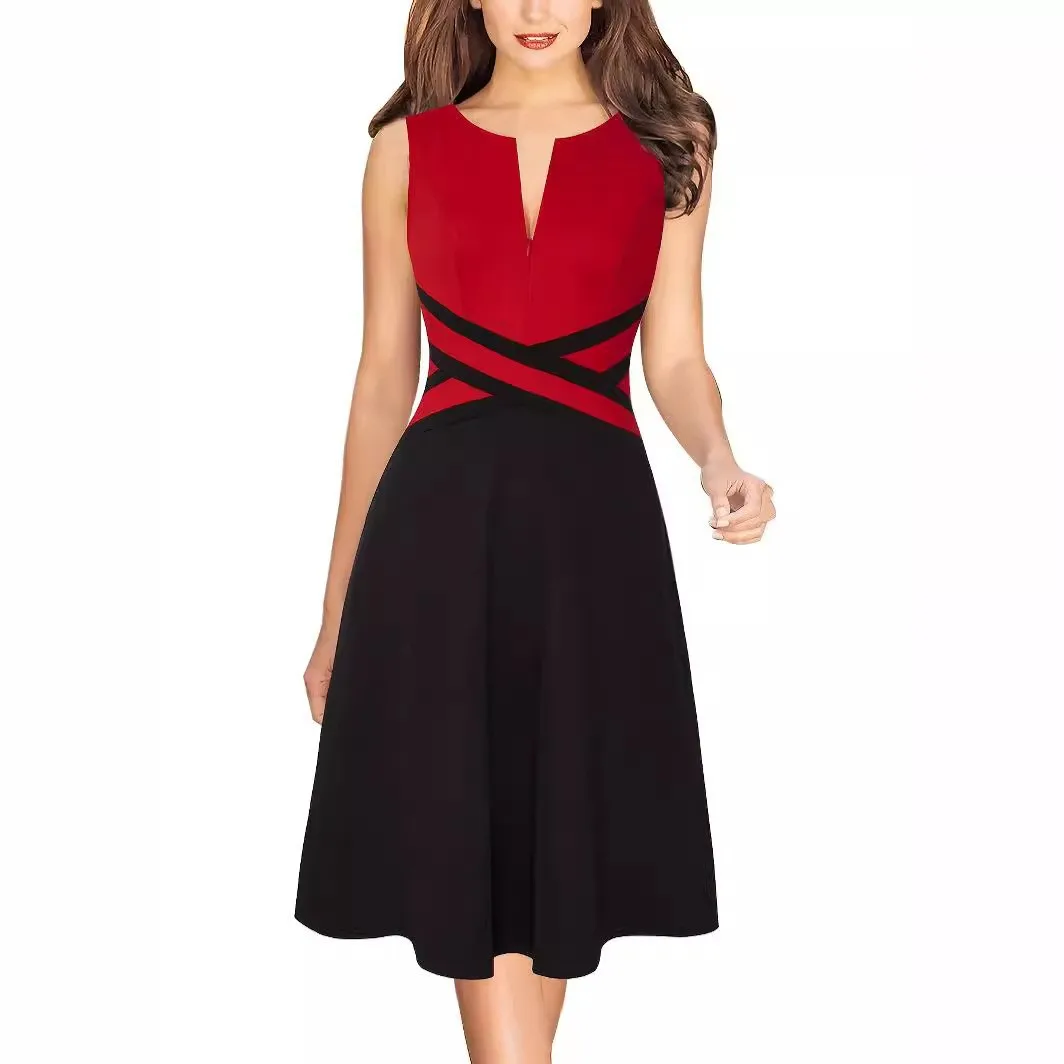Women Summer Colorblock Sleeveless Work Office Lady Elegant Dress Sexy V-Neck Front Zipper Slim Waist A-Line Swing Dresses