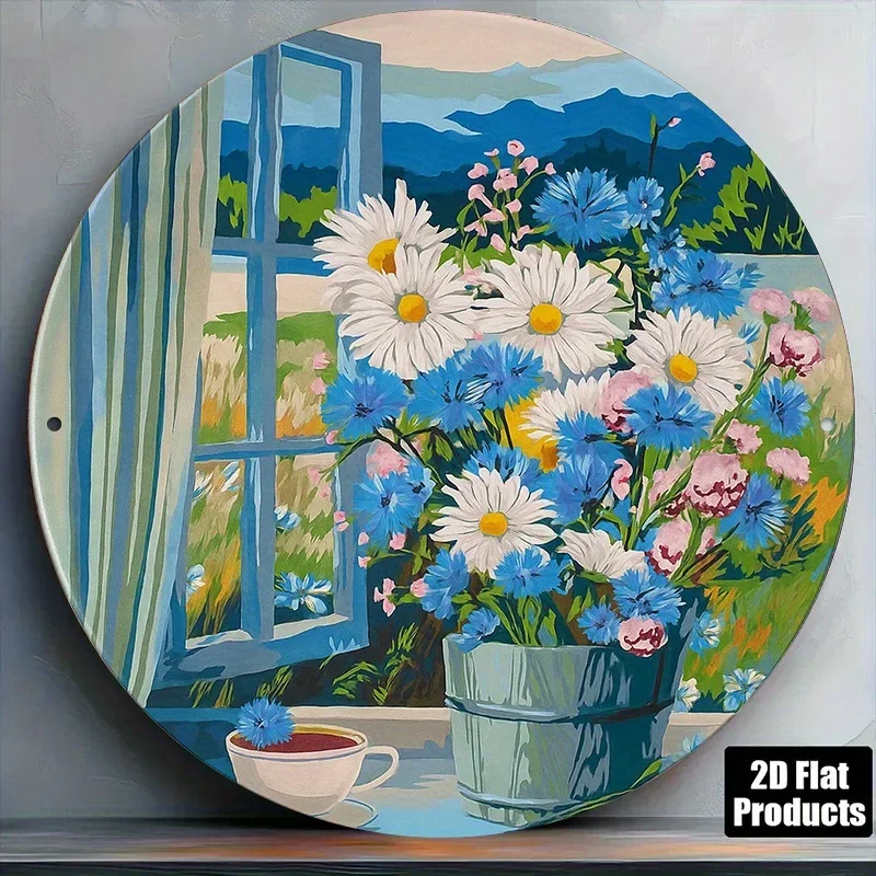 2D Flaches Metallschild im Vintage-Stil mit Blumenmuster, Gänseblümchen, Kornblumen, Bergansicht, Teetasse, Rustikales Rundes Aluminiumschild, Wasserfest für den Außenbereich