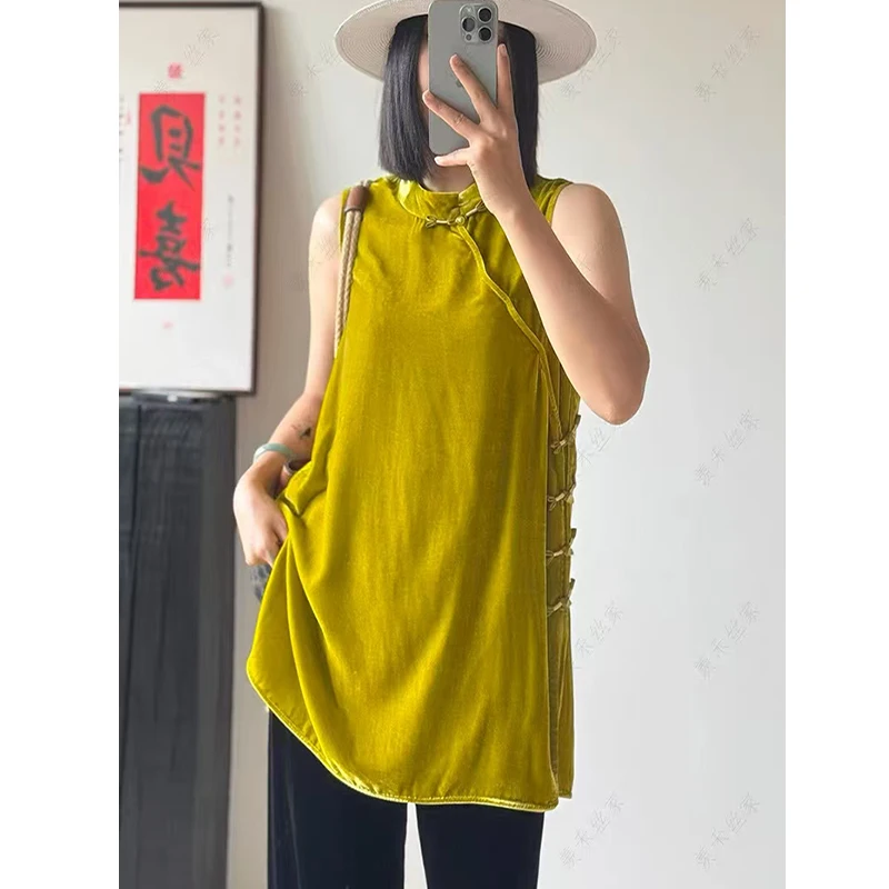 Summer New O-Neck Silk + Velvet Fabric Chinese Style Handmade Button Young and Comfortable Women's Vest S-XXL