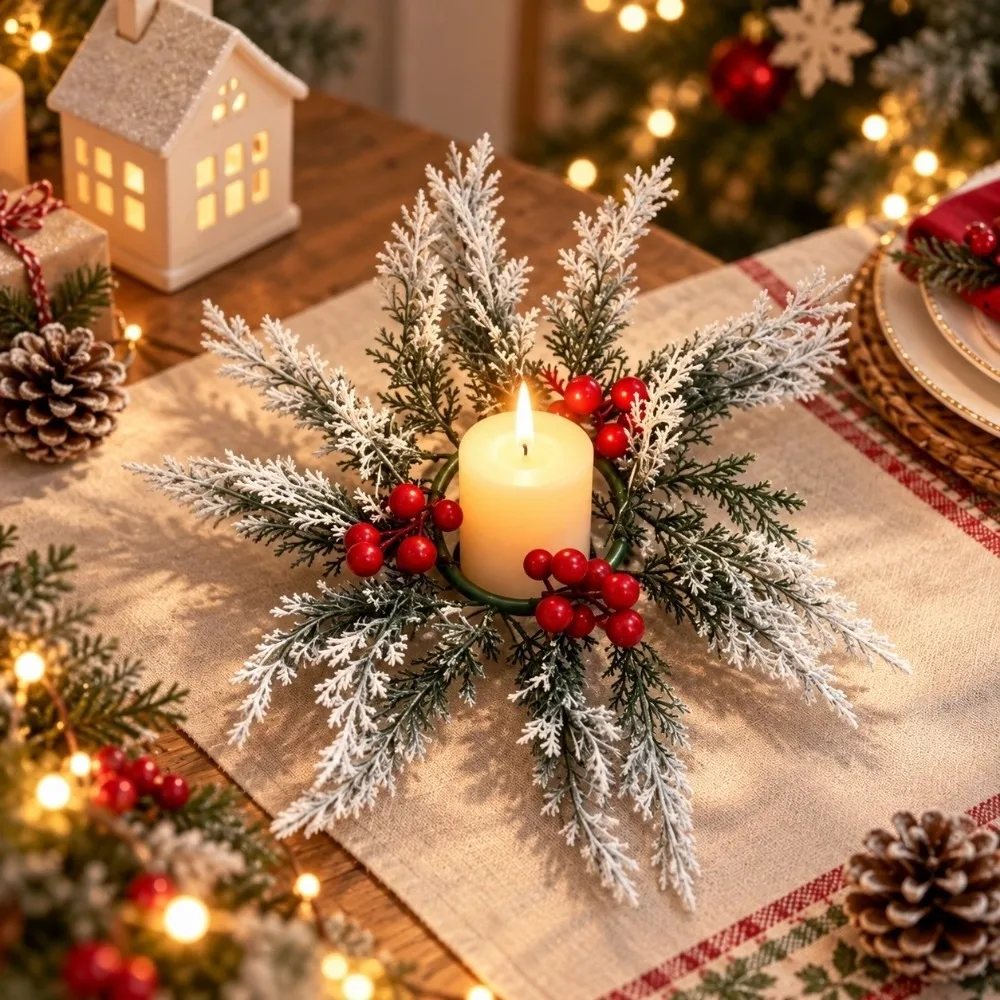 Red Berry Christmas Wreath Candlestick DIY Pine Needle Wreath Candle Holder Table Decoration Home Ornaments