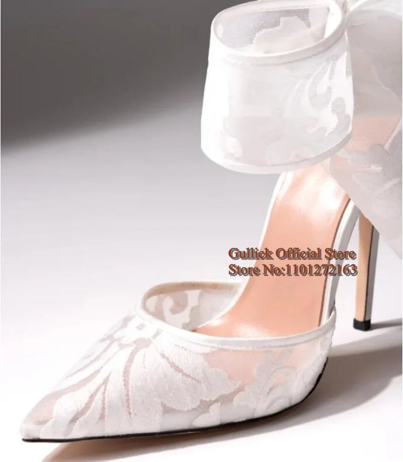 

Big Butterfly White Lace Bowtie Pointed Toe High Heel Pumps Banquet Bride Evening Shoes Size 45 12cm