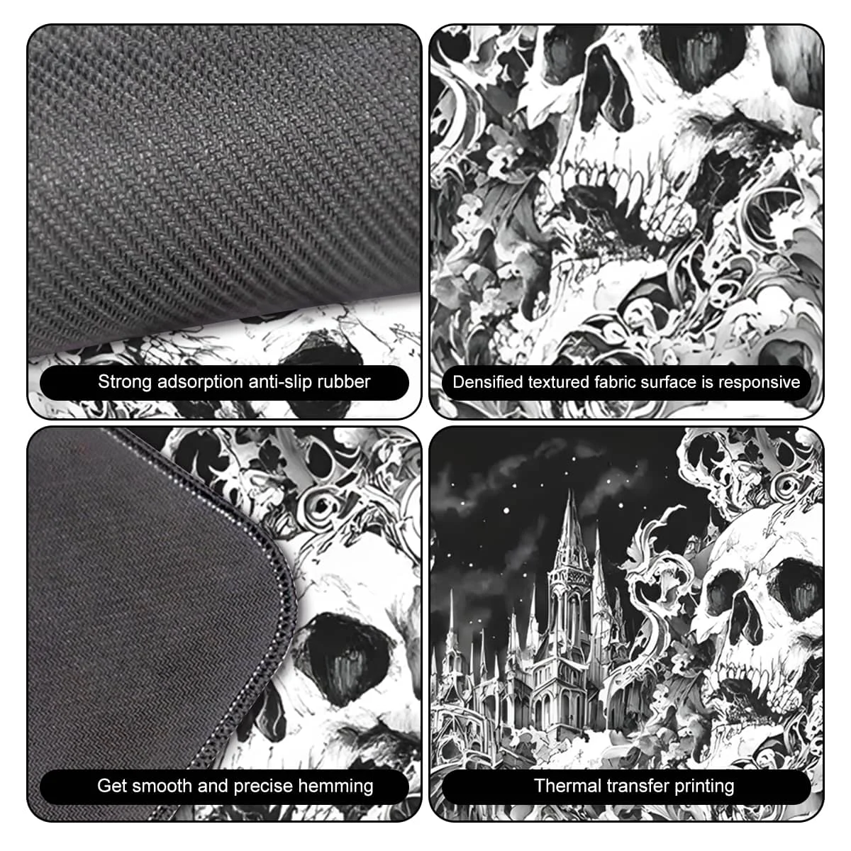Schwarz-weißes Totenkopf-Schloss-Kunst-Mauspad, mehrere Größen, waschbar, rutschfest, genähte Kante, Computer-Schreibtischunterlage für Büro und Zuhause, ideales Geschenk
