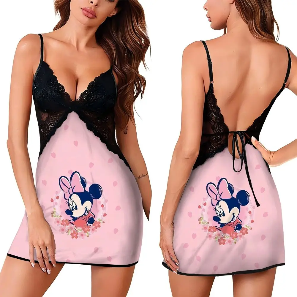 2024 Summer New Sleeveless Sleepwear for Women Sexy Backless Female Suspender Sleeping Dress Minnie Pattern Women's Nightwear