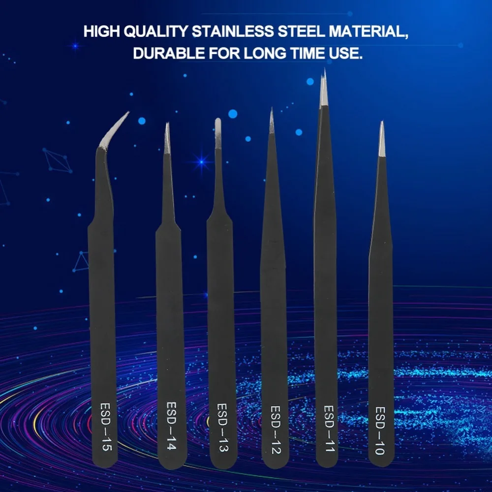Ultra Fine Tip Anti Static Tweezers Straight Tip Curved Tip Accurate Tweezers Set Black Color Stainless Steel Tweezers
