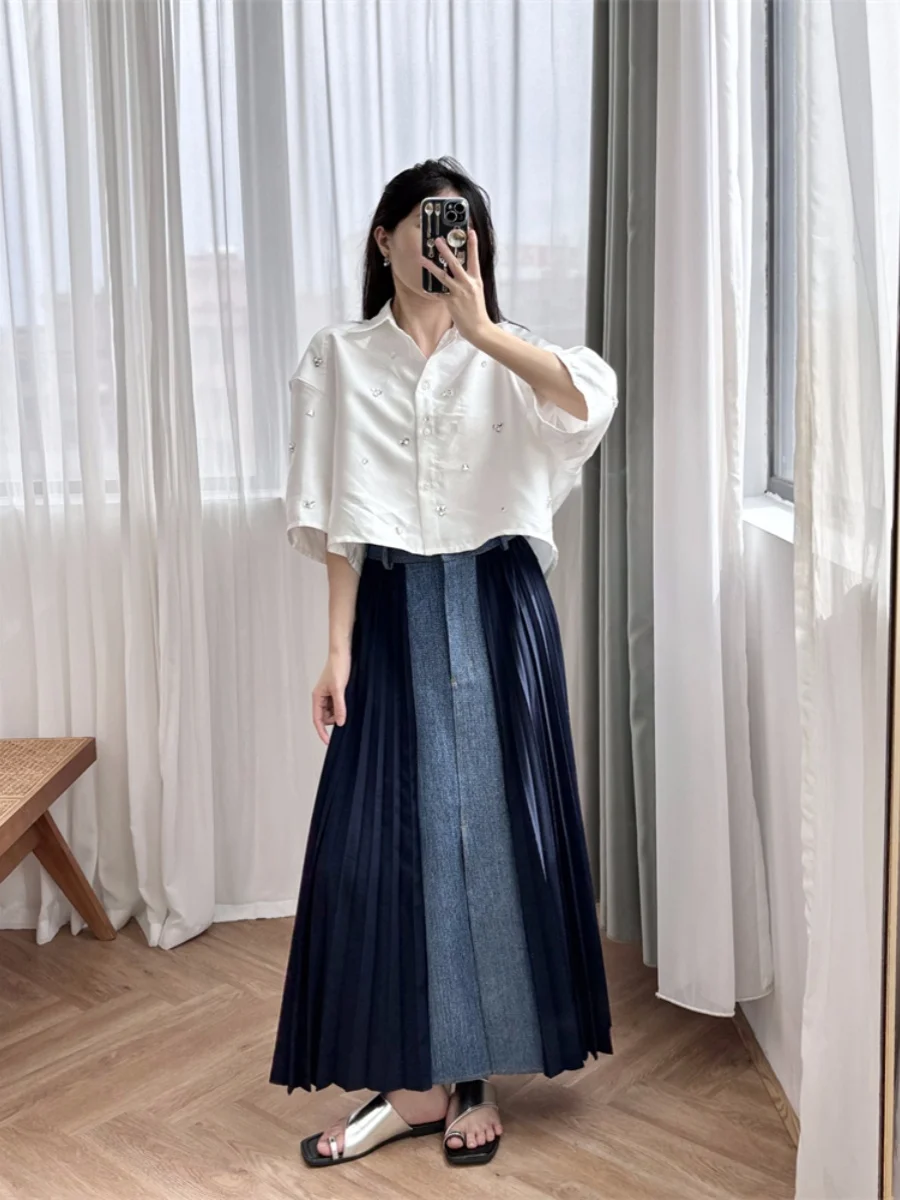 

Half length skirt Cowboy patchwork , high waisted A-line pleated fashionable item, S Home 2024 early autumn new collection