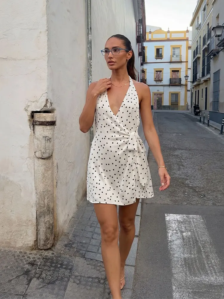 HH Damen Polka Dot Neckholder-Minikleid, sexy rückenfreies ärmelloses Kleid mit Schnürung, Sommer, elegant, lässig, Urlaub, Strandkleid