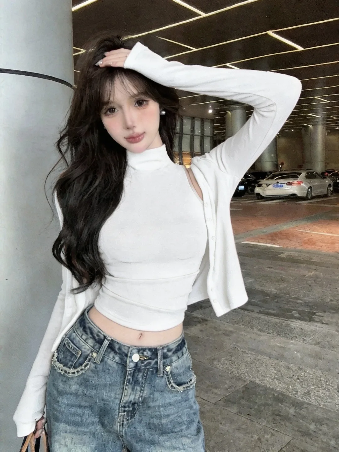 Early Autumn Korean Style High Collar Slim Fit Short Sleeveless T-Shirt Women Long Sleeve Open Cardigan Two Piece Set Top
