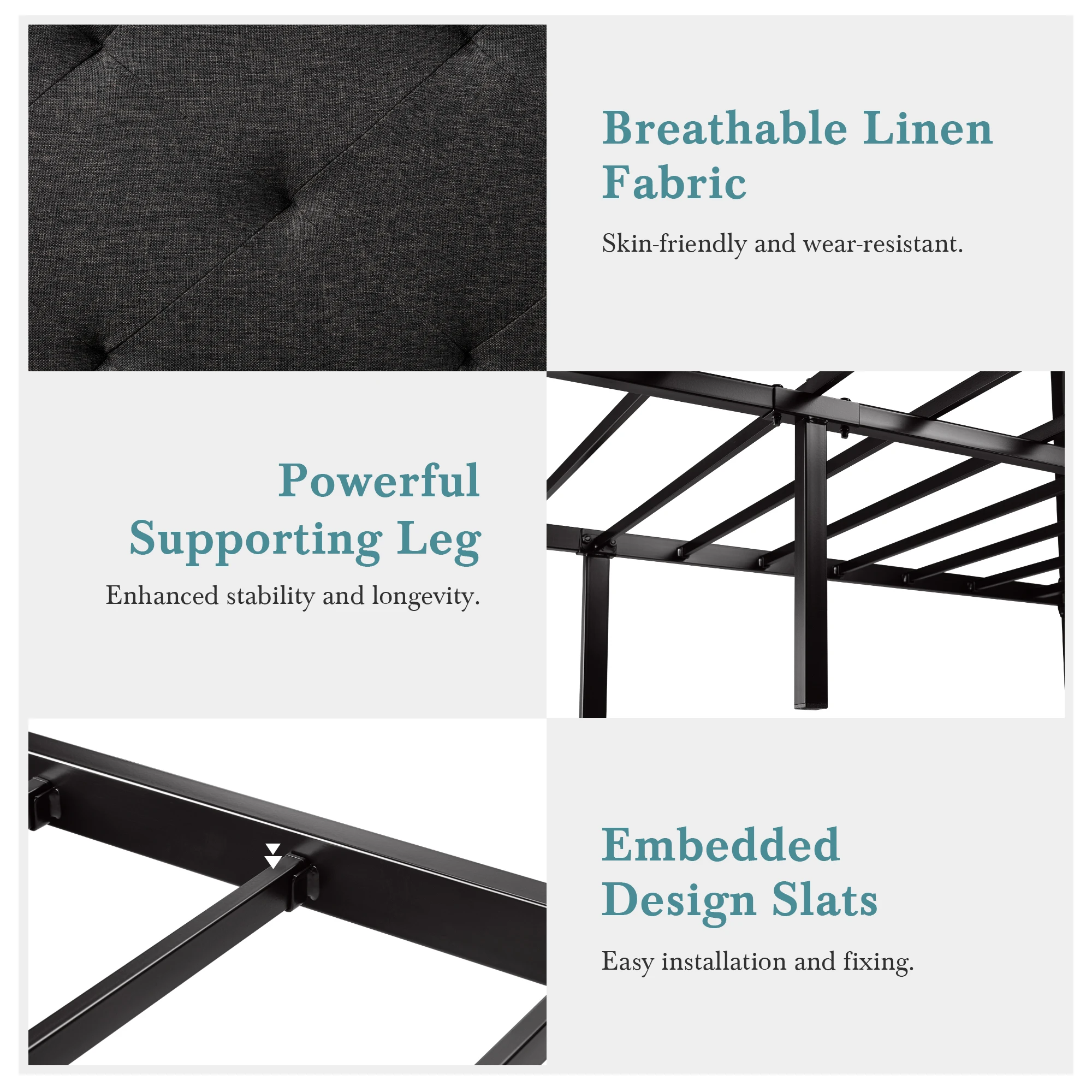 هيكل سرير معدني من HOOMIC مع لوح رأسي منجد ومخيط بدقة، قماش كتان، كريم أساس قوي، لا حاجة إلى صندوق زنبركي