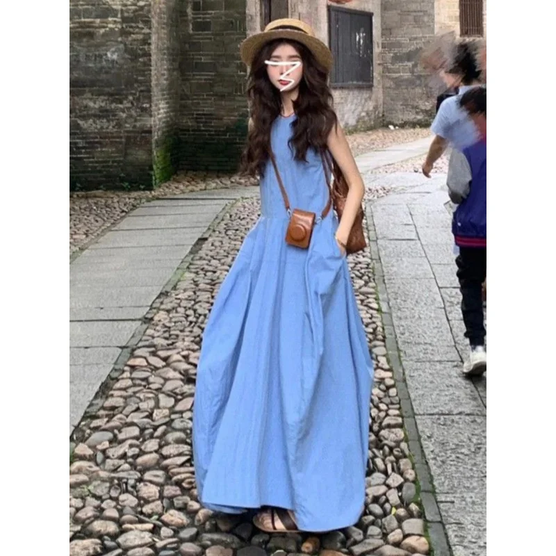 

Blue Sleeveless Dress for Women Summer2025New Style Beach Vacation Super Beautiful French Style Elegant Versatile Long Dress