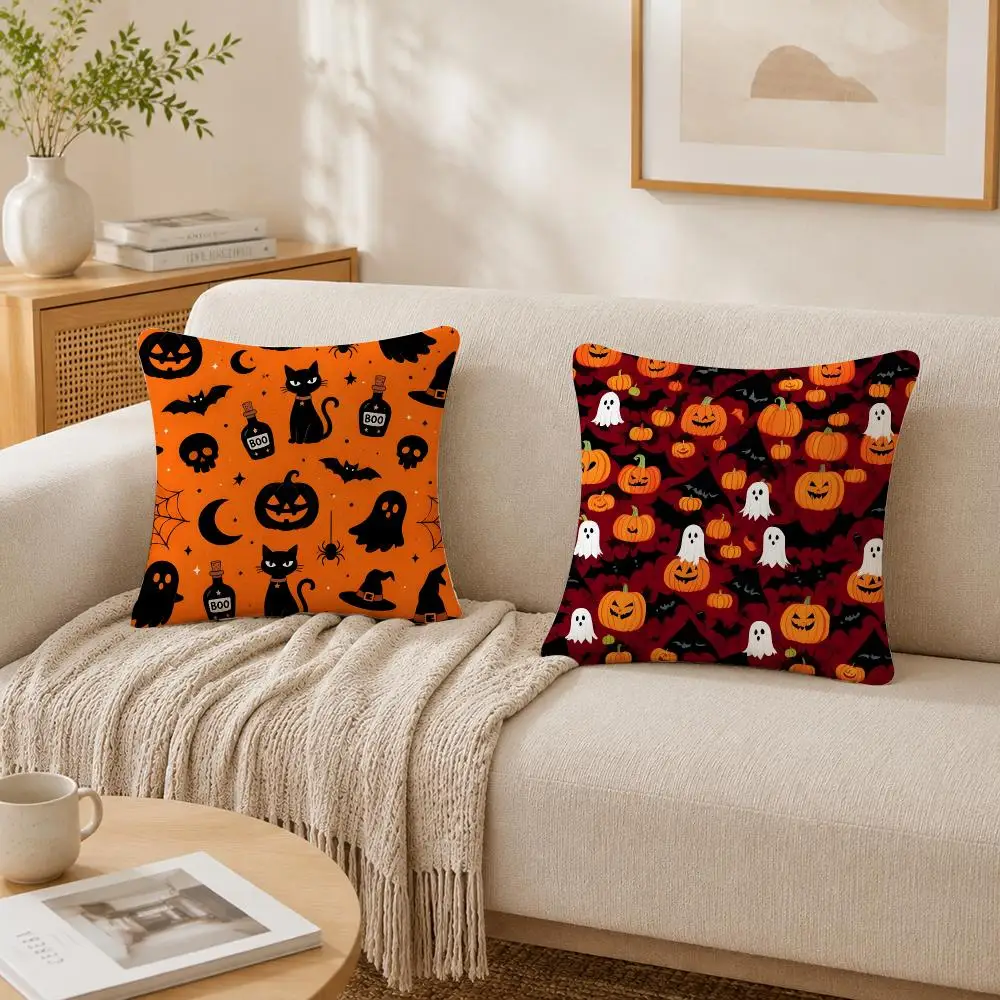 Retro Pumpkin Bat Halloween Cushion Cover Plush Decorative Pillow Case With Hidden Zipper Cutecore Room Decor For Home