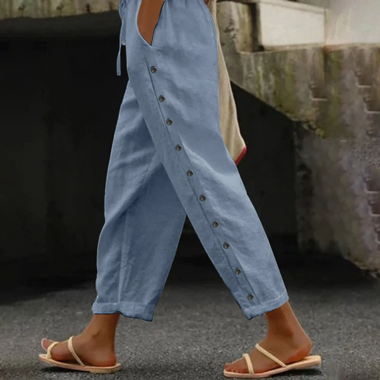 

Women's Pants Fashion Elastic Waist Straight Pant Button Decor Casual Solid Loose Female Elegant Long Trousers With Pockets