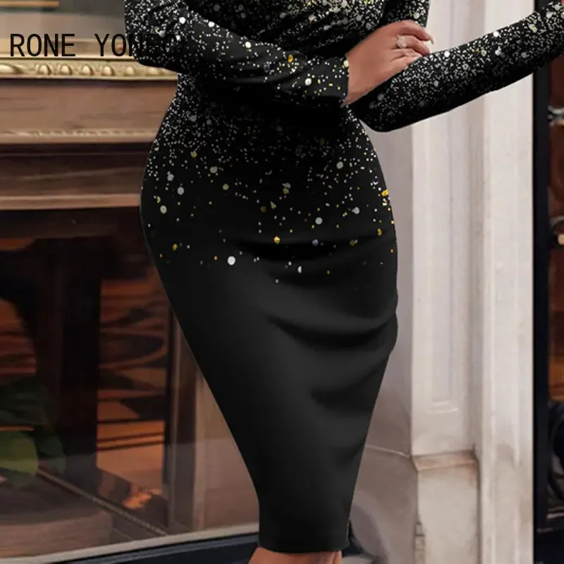 Women Chic Elegant All Over Print Long Sleeves Halter V Neck Bodycon Midi Working Formal Party Dresses