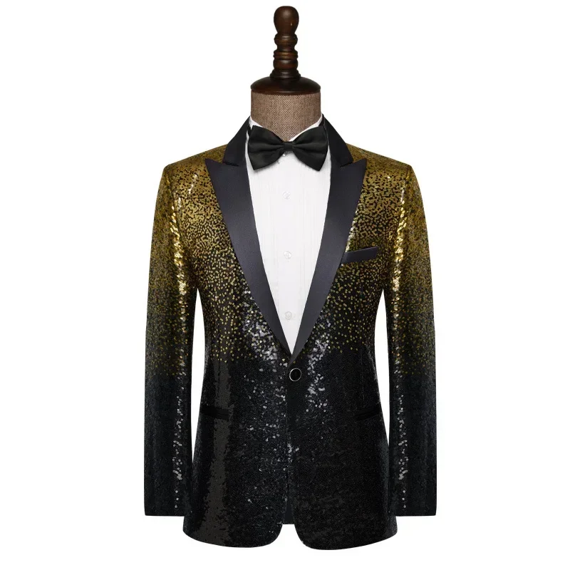 

Shiny Gold Purple Sequin Party Dress Blazer for Men Peak Collar One Button Suit Jacket Mens Wedding Banquet Tuxedo Blazers 3XL