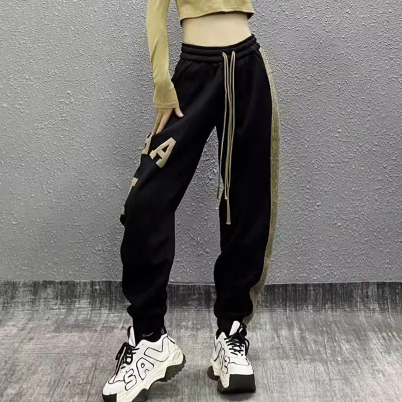 Clothes for Women Winter Korean Fashion Patchwork Letter Plus Velvet Warm Sports Harem Pants Y2K Female Casual Loose Sweatpants