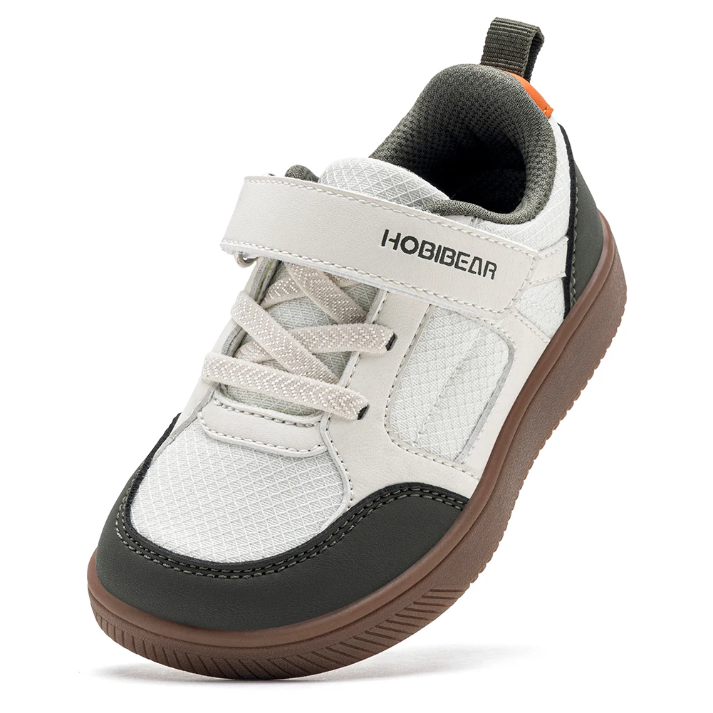 HOBIBEAR Toddler Kids Wide Toe Shoes Hook-Loop Minimalist Sneakers Lightweight Artificial Leather Mesh Walking Shoes