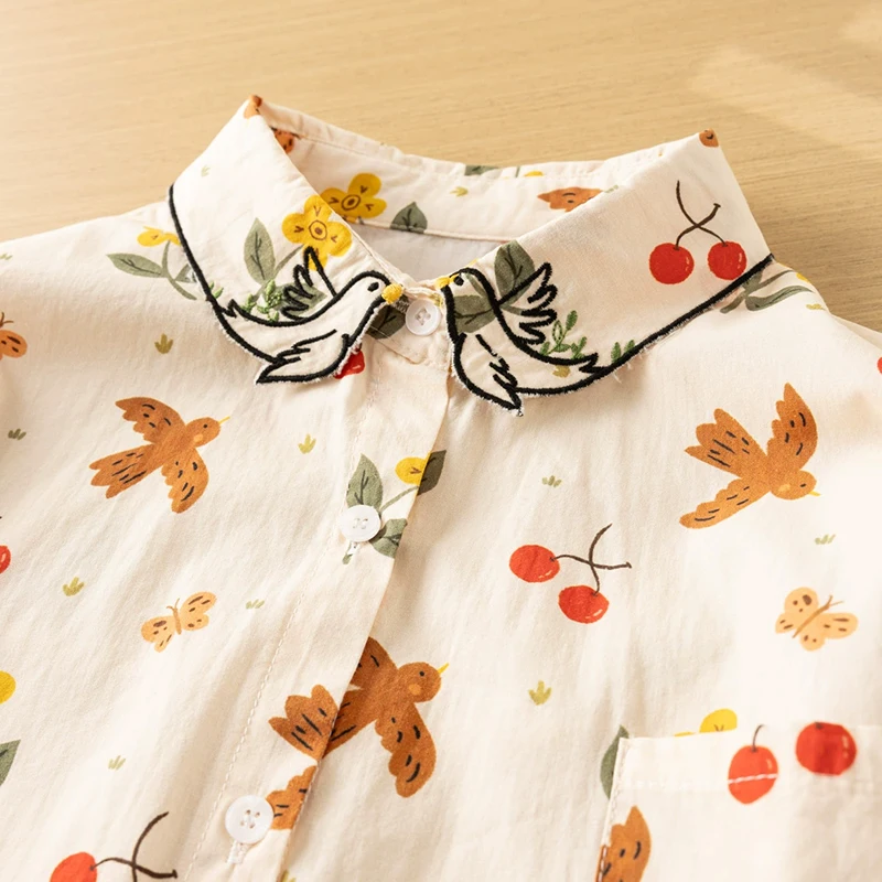 

Spring Autumn Cartoon Birds Cherry Print Shirt Women Clothing Cute Kawaii Long Sleeved Cotton Female Shirts & Blouses U036