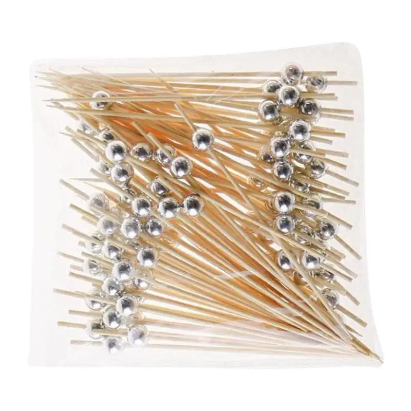 100pcs Cocktail Pick Bamboo Handmade Sticks Cocktail Skewers Pearl Food Sticks Appetizer Skewers for Birthday Wedding Valentine