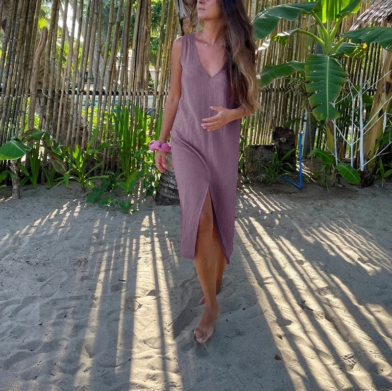 Chic And Elegant Dress For Women 100% Cotton Gauze Summer Sexy V-neck Sleeveless Side Long Maxi Birthday Party Beach Sundress