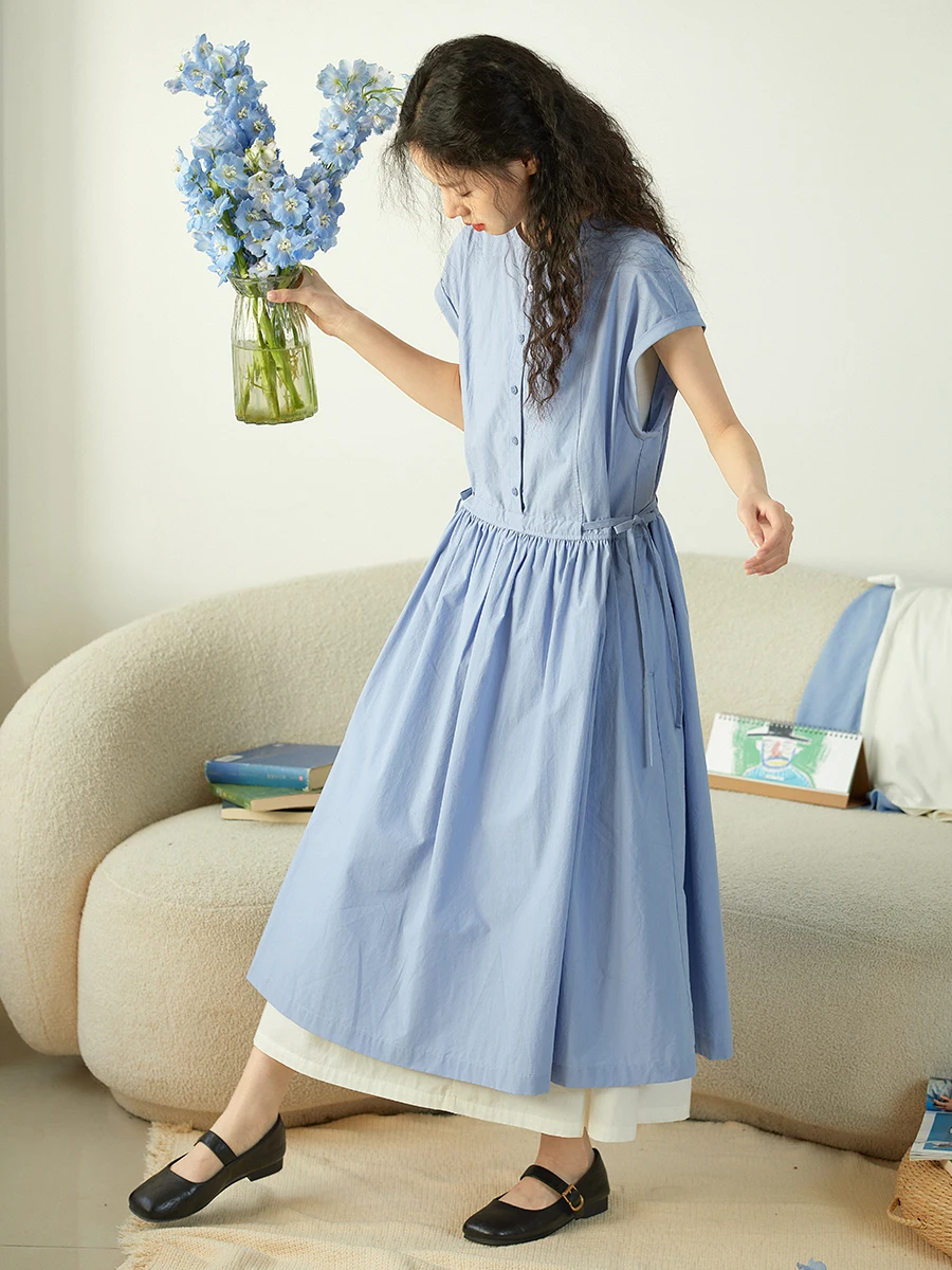 

Оригинальное летнее платье из чистого хлопка синего цвета, женское, тонкое, повседневное, средней длины, без рукавов, в стиле кимоно, с юбкой, в японском стиле, свободного кроя