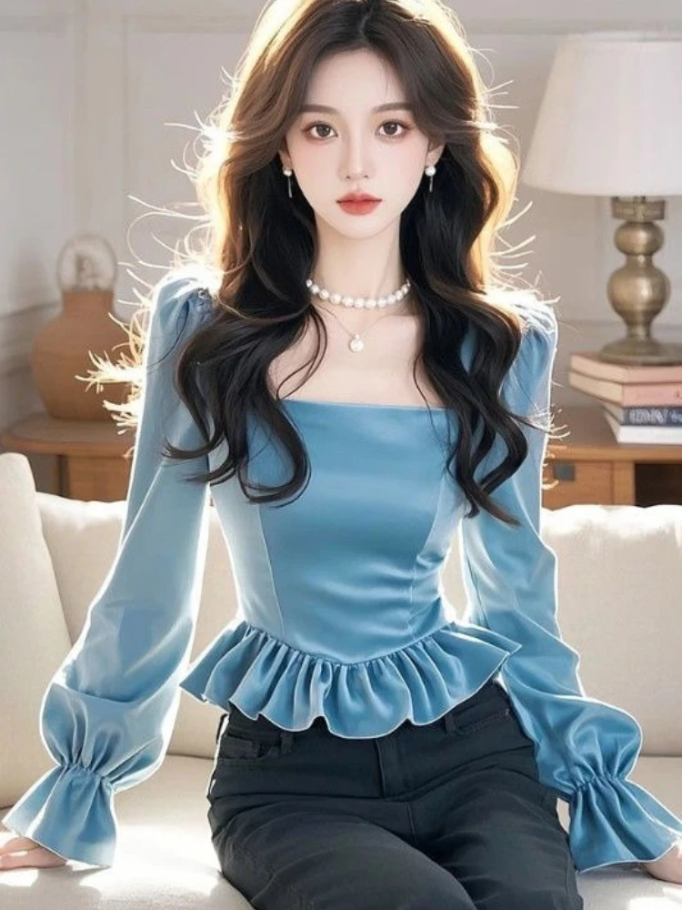 

Women's Blue Velvet Blouse with Ruffles - Elegant & Unique Design Premium Satin Fabric Fashionable Top for Casual or Formal Wear