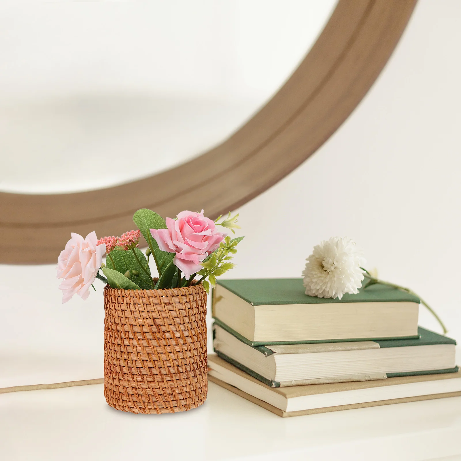 

1pc Wood Woven Pen Holder Handmade Storage Basket Desktop Organizer Home Container Rattan Sundries Box Decorative Stationery