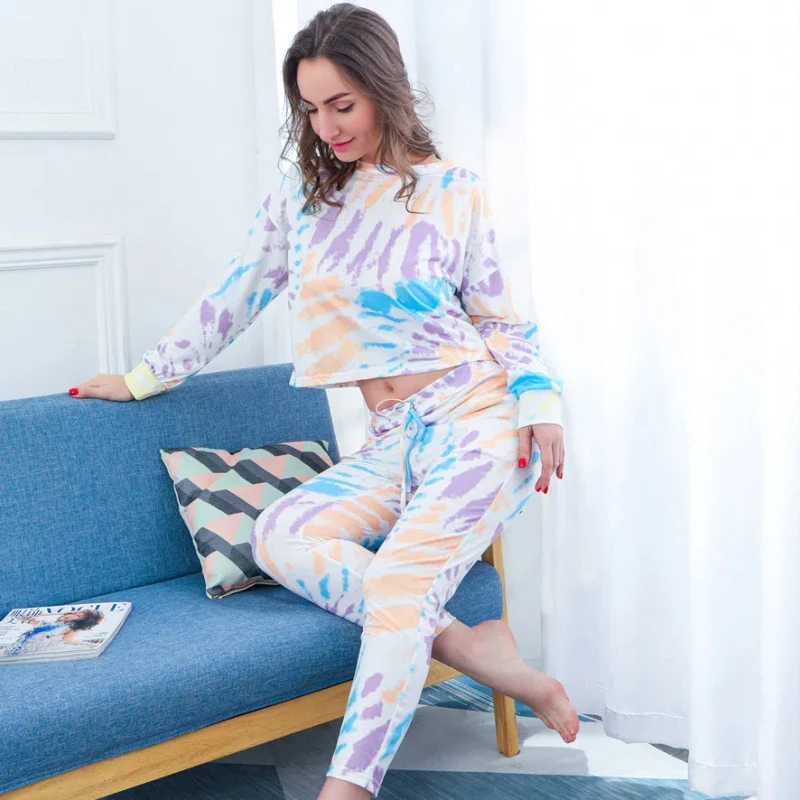 Pajamas for Women Autumn and Winter New Style, Exposed Navel Sports Trend Home Wear Tie Dye Home Wear Set for Women