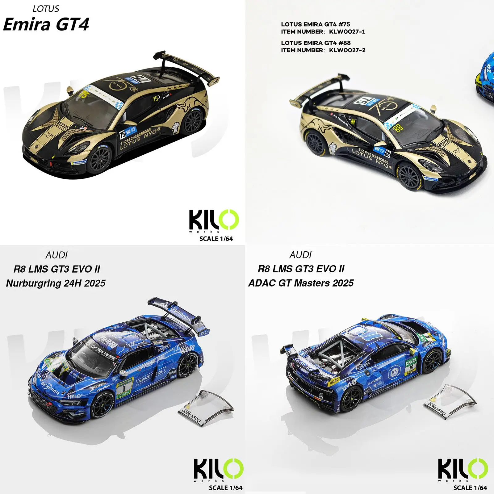 KILO 1：64 car model, Audi R8 LMS GT3 EVO Lotus EMIRA GT4 alloy car model
