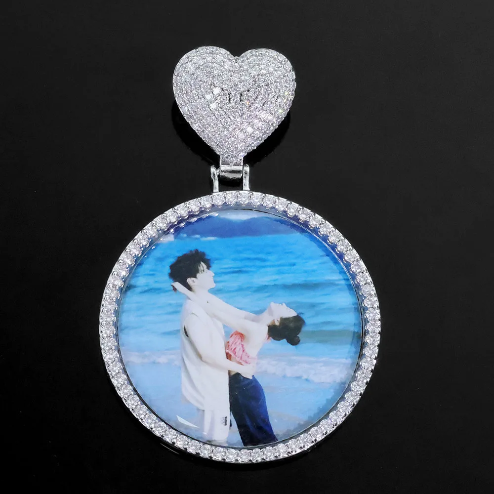 

Custom Necklace Heart Shaped Bail Chain Photo Pendant Medal Commemorative Plating 18K Gold 5A Zirconia Hip hop Jewelry