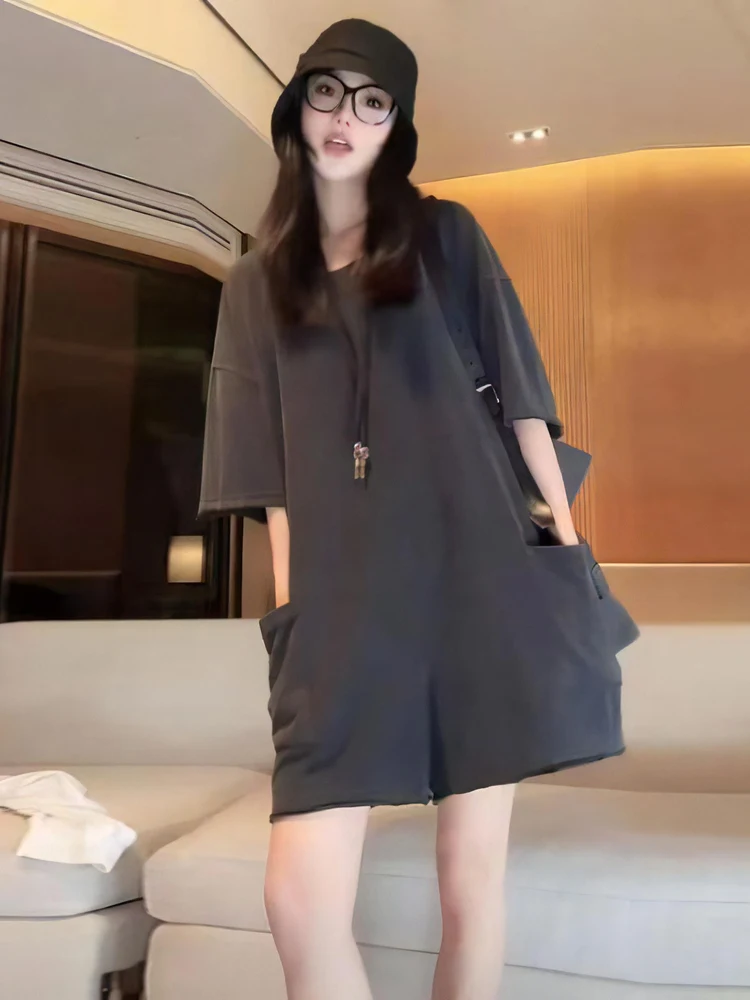 Retro kombinezon z szerokimi nogawkami damski letni nowy luźny wyszczuplający z wysokim stanem spodnie ort do pracy wygodny materiał